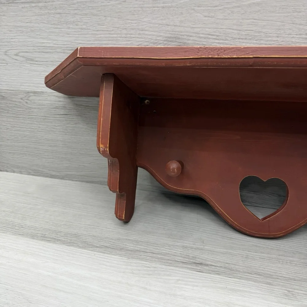 Wood Heart Shelf Wall Hanging Peg Hooks Barn Red Cottagecore Farmhouse